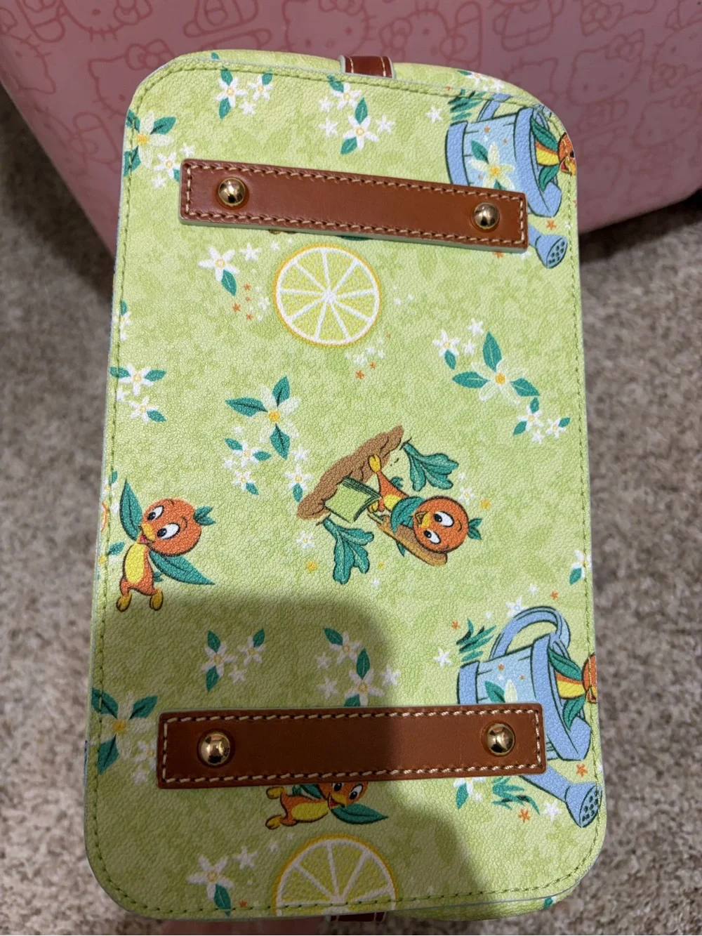 Dooney & Bourke Lime Green Orange Bird Print Satchel with Tan Trim